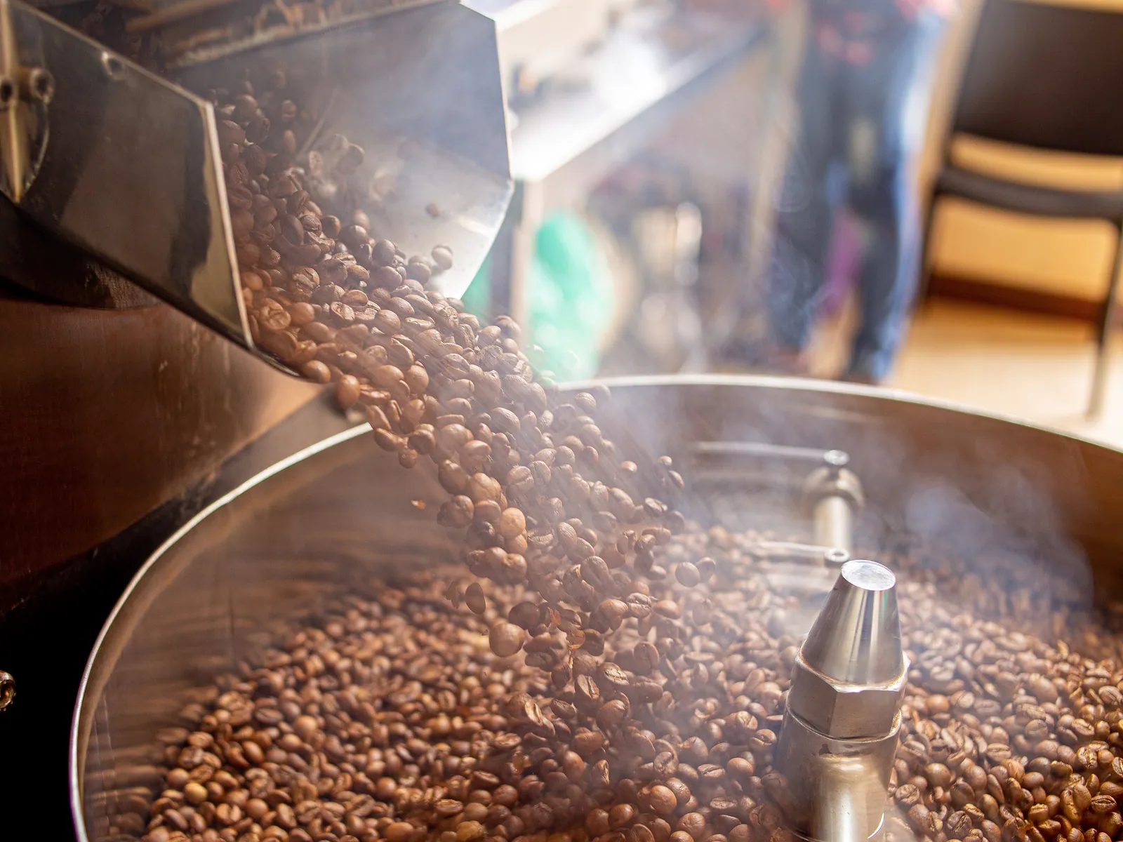 Granos de café recién tostados cayendo en la bandeja de enfriamiento de una tostadora industrial